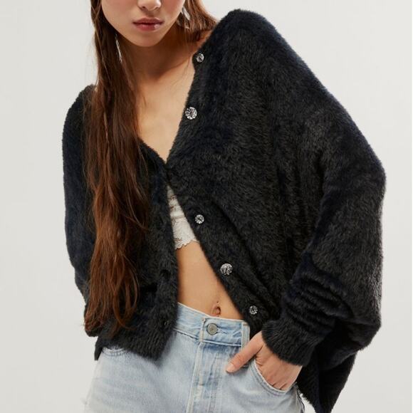 Free People FP One Sela Cardi Cardigan Sweater Faux Fur Black Size M may fit L - Picture 1 of 12